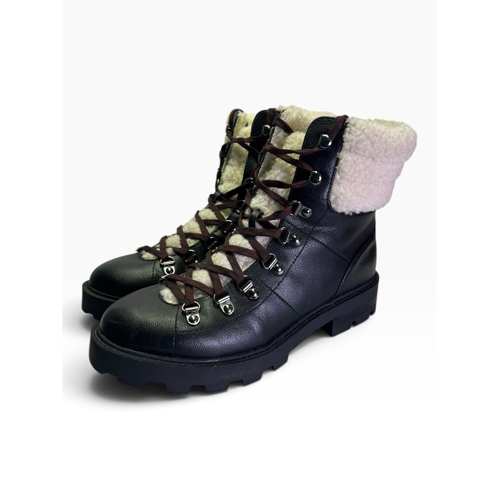 Nine West Rima Womens Lace Up Boot 8.5 M Black Leather Shearling Fur Lug Sole